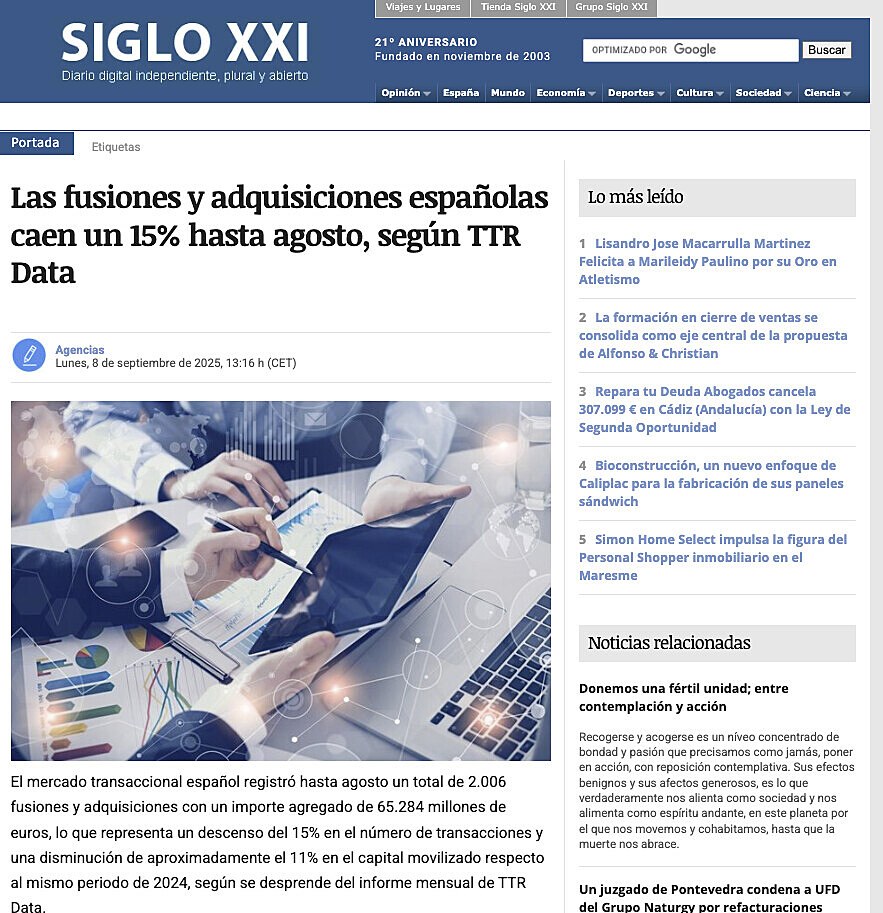 Las fusiones y adquisiciones espaolas caen un 15% hasta agosto, segn TTR Data